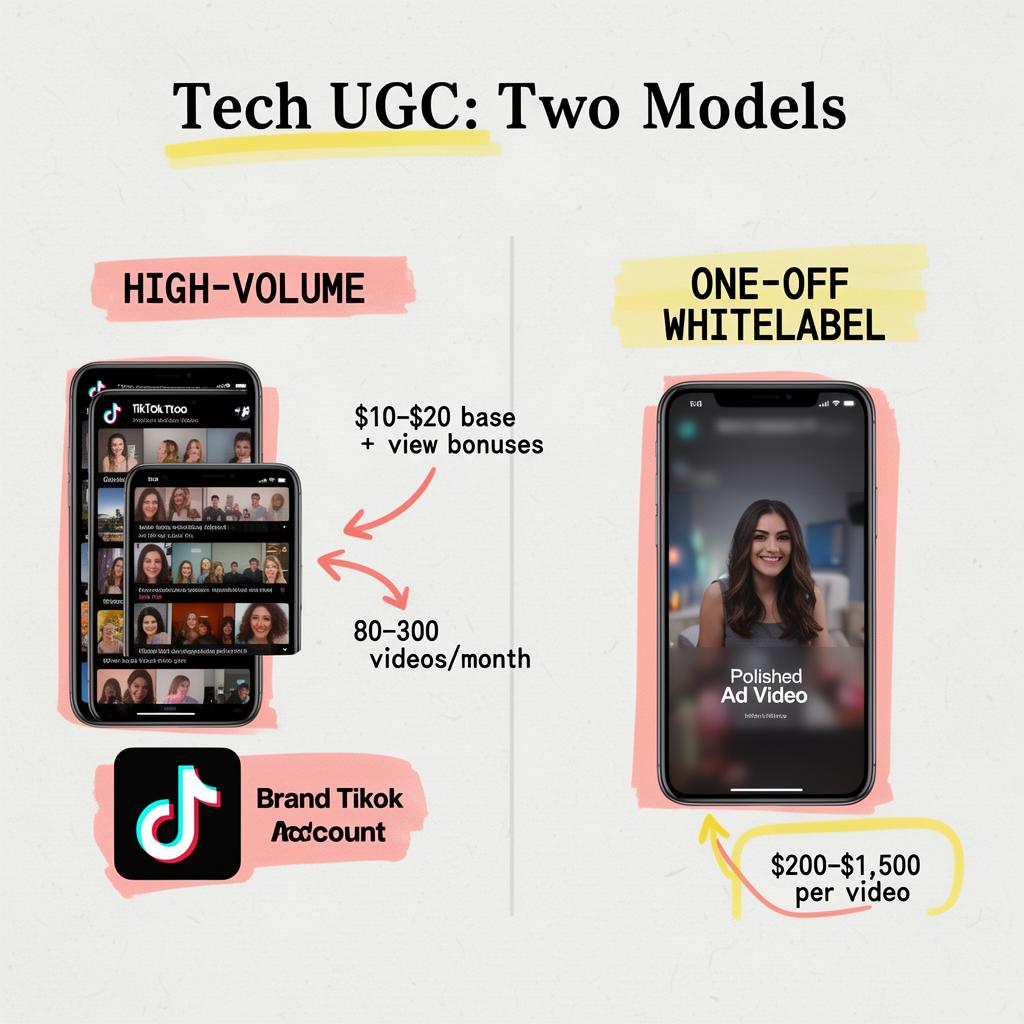 Diagram comparing the two tech UGC models in 2026: high-volume brand-account content at $10–$20 per video plus view bonuses versus one-off whitelabel ads at $200–$1,500 per video